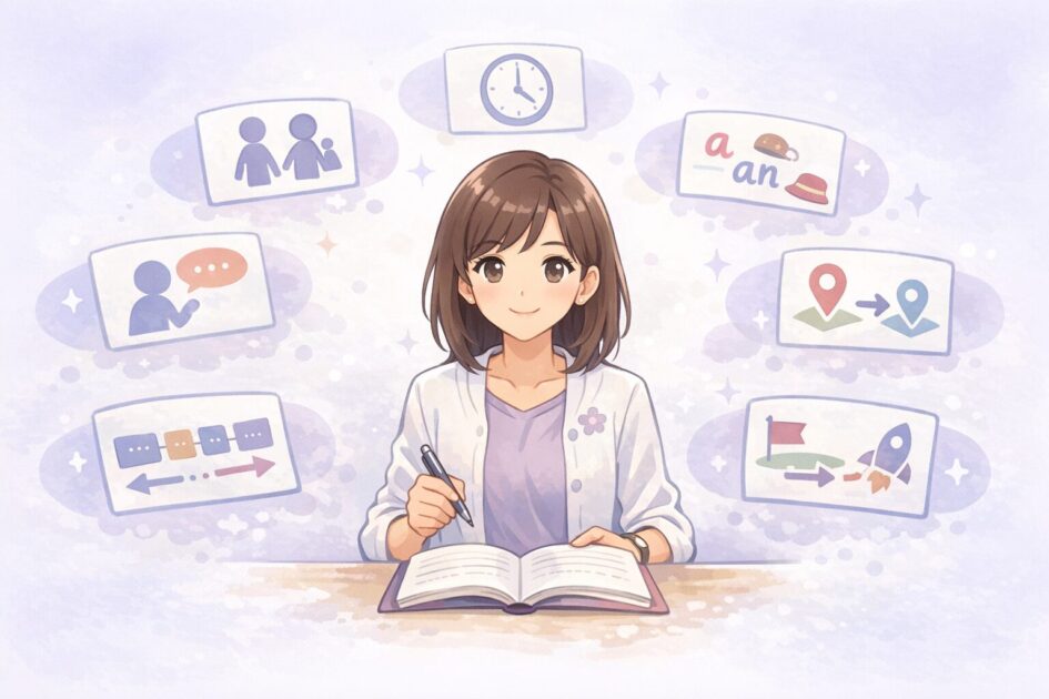 英作文で主語や時制や冠詞や前置詞など同時に考えることが多いと分かる整理図