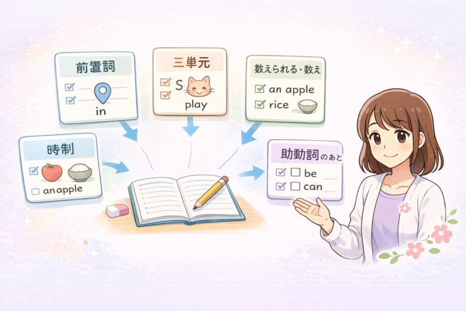 英作文で高校生が間違えやすい前置詞や三単現や冠詞など5タイプを整理した図