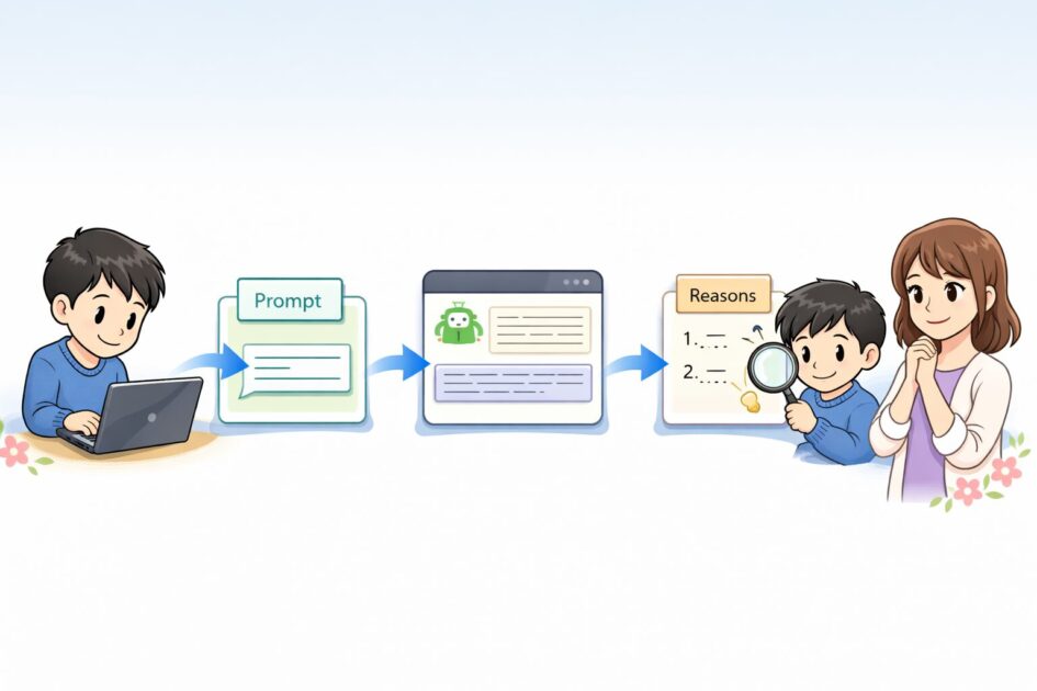 英作文でプロンプトを入れて修正文を受け取り理由を確認する流れを示した図