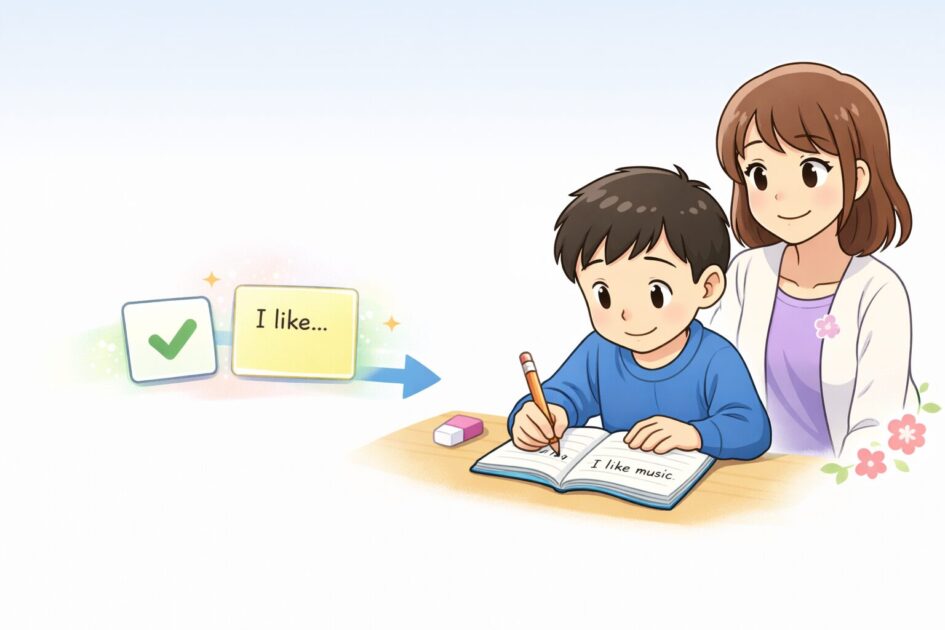 高校生が短い1文の英作文から少しずつ始める様子をやさしく表した挿絵