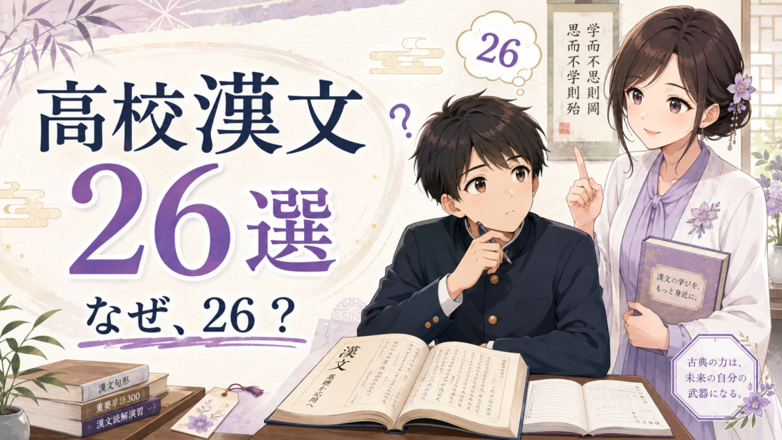 高校漢文26選と書かれた教材を前に、なぜ26なのか考える高校生ともこあい先生
