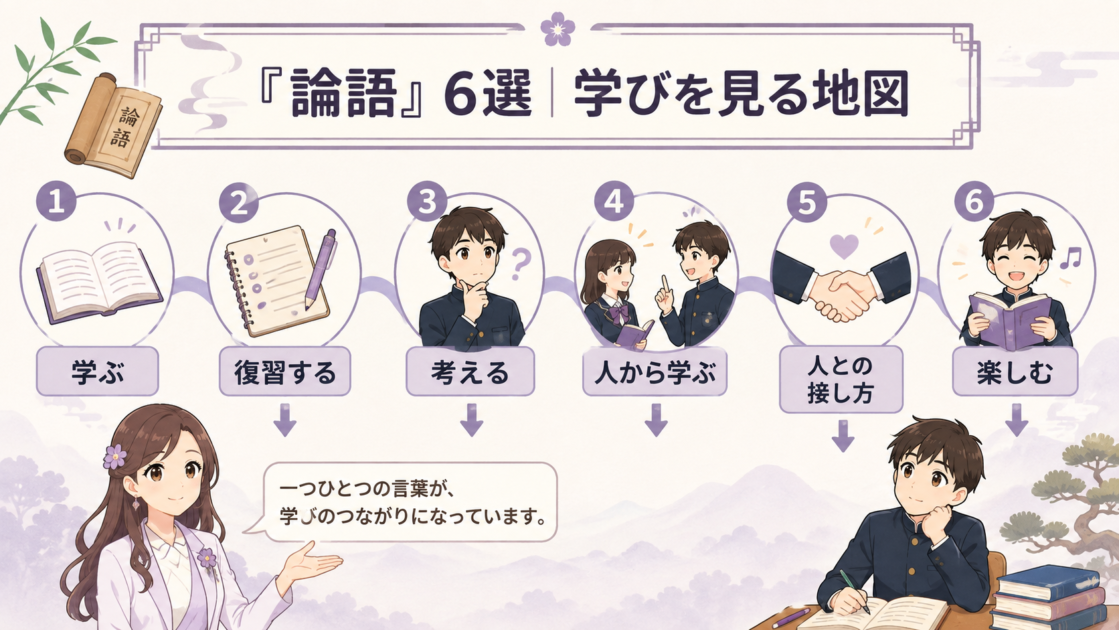 論語6選を学ぶ、復習する、考える、人から学ぶ、人との接し方、楽しむの流れで整理した図