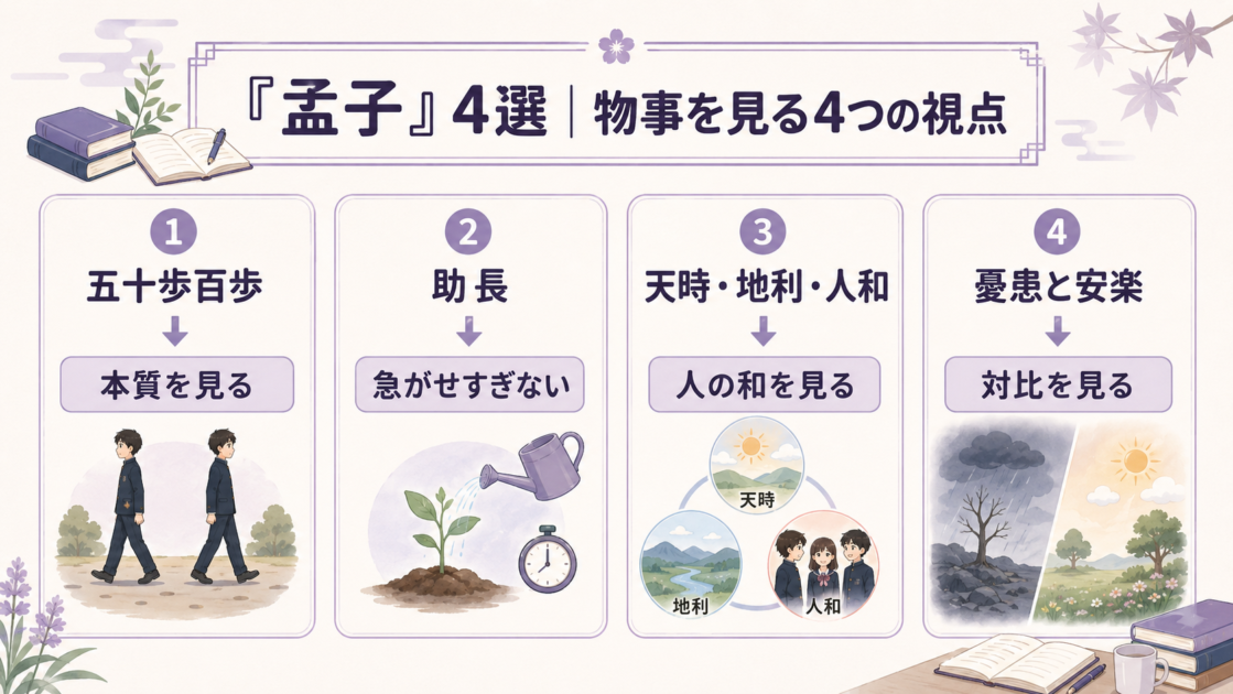 孟子の4表現を本質、急がせない、人の和、憂患と安楽の対比で整理した図