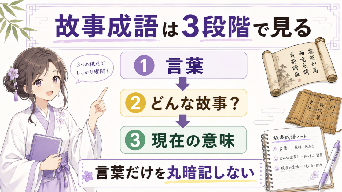 故事成語を言葉、故事、現在の意味の3段階で理解する方法を示した図