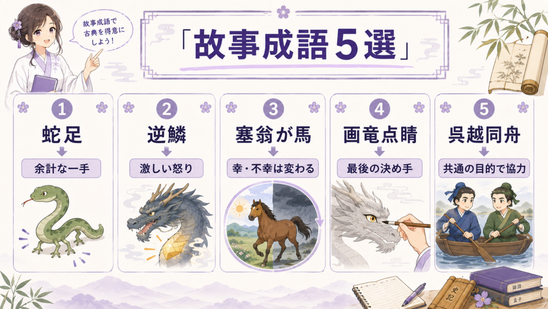蛇足、逆鱗、塞翁が馬、画竜点睛、呉越同舟の意味をまとめた故事成語一覧図