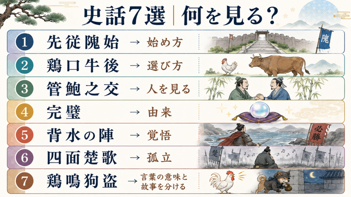 先従隗始から鶏鳴狗盗までの史話7選を学習ポイント別に整理した図