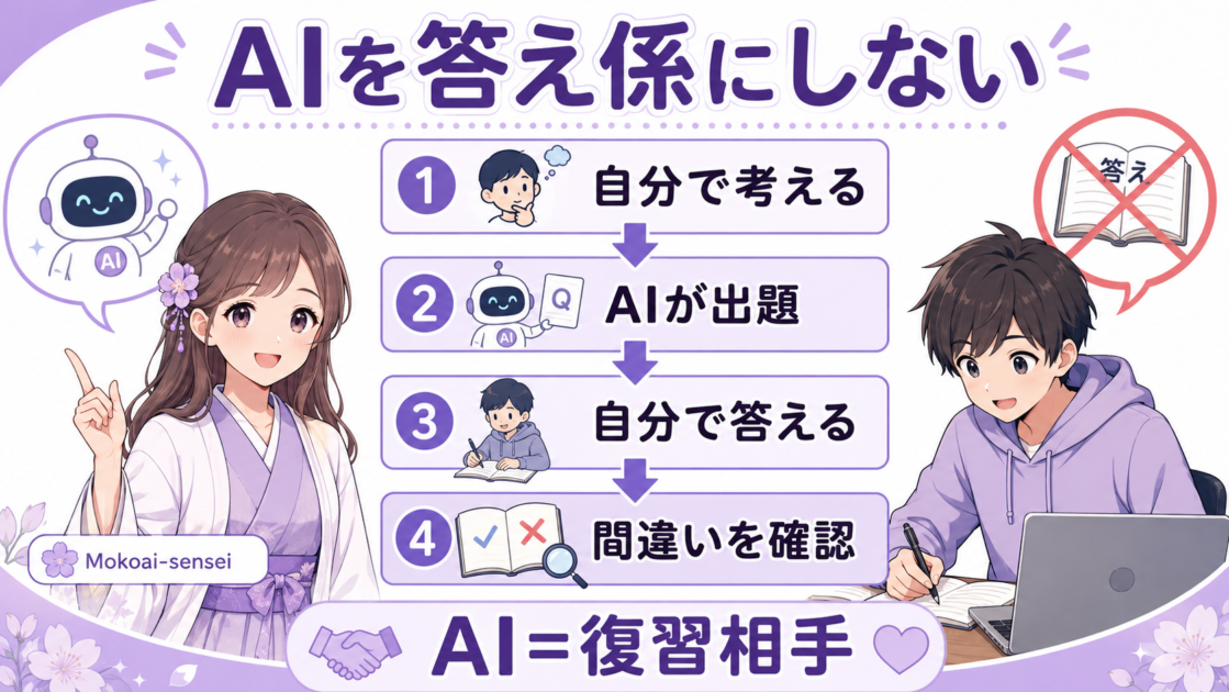 自分で考えてからAIに出題してもらい、答えた後に間違いを確認する漢文学習の流れ