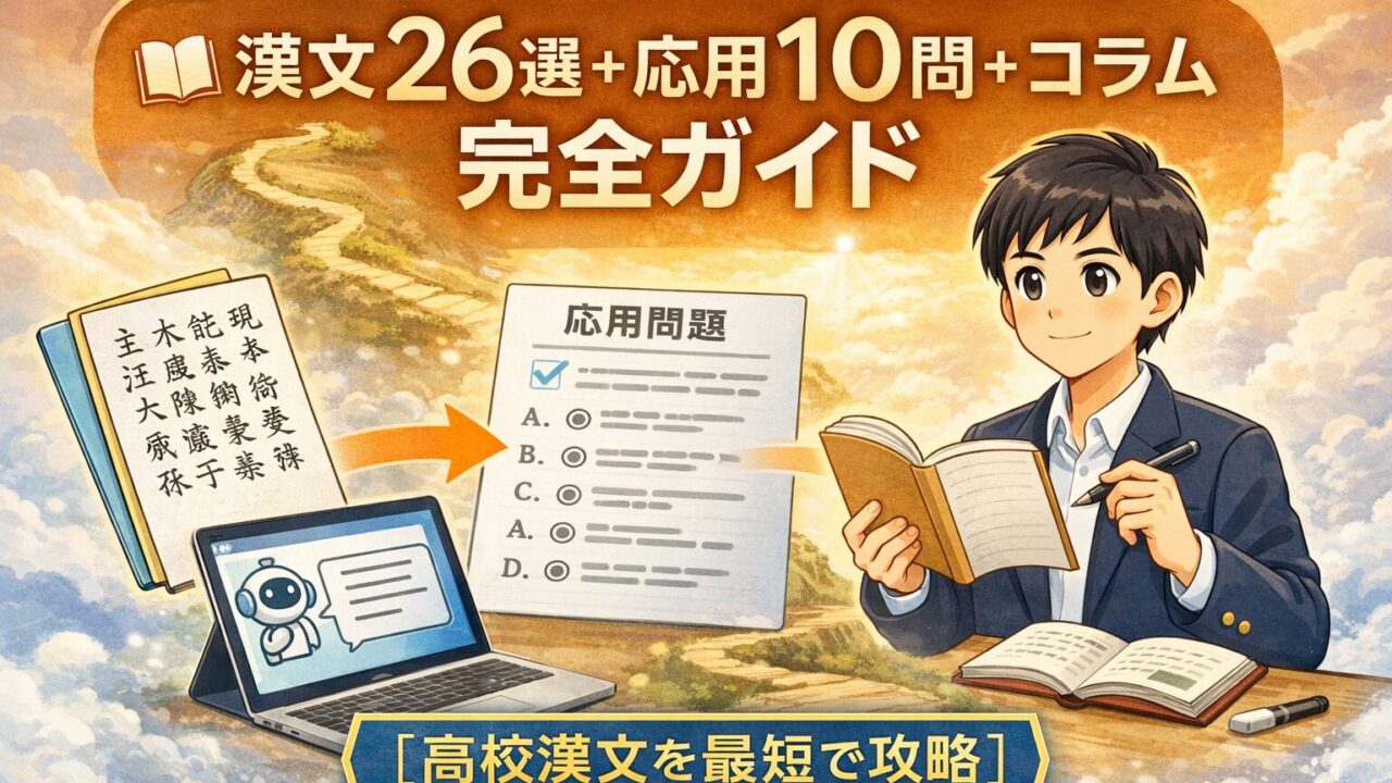 高校漢文の頻出フレーズ26選と応用問題10問を学びながら最短で攻略していく流れを表したアイキャッチ画像