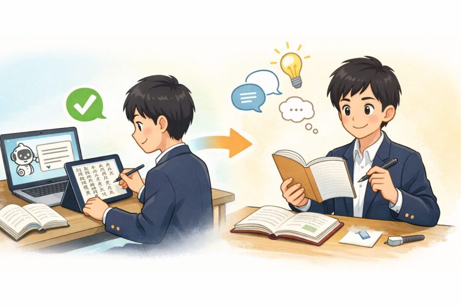 高校漢文の復習でAIは下書きと確認に使い最後は自分で意味を理解して仕上げる使い方を示した図