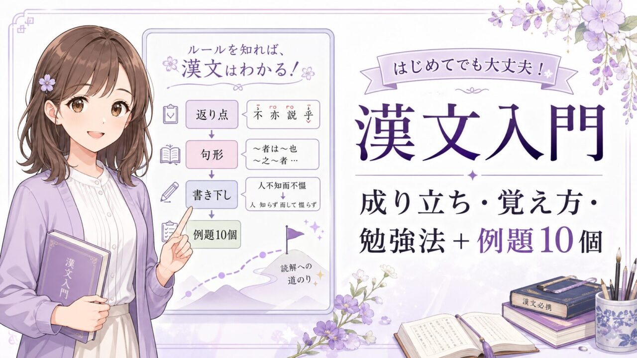 もこあい先生が漢文入門として返り点・句形・書き下し・例題10個の流れをやさしく案内しているアイキャッチ