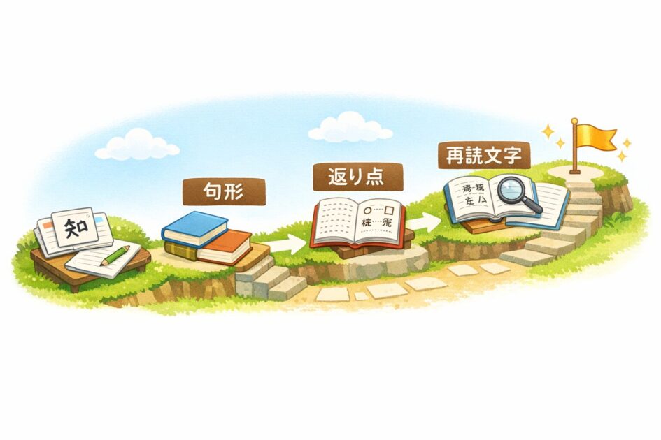 高校漢文の学習で頻出フレーズの次に句形と返り点と再読文字へ進む順番を示した図