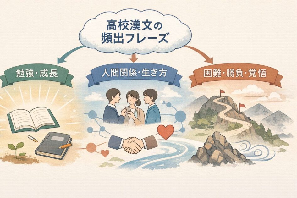 高校漢文の頻出フレーズ26選を勉強と成長と人間関係と困難の3テーマに整理した図