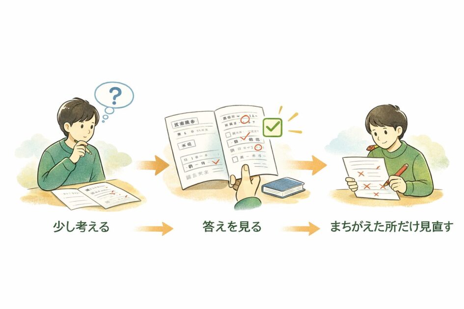高校漢文の応用問題で先に自分で考えてから答えを開いて見直す流れを示した図