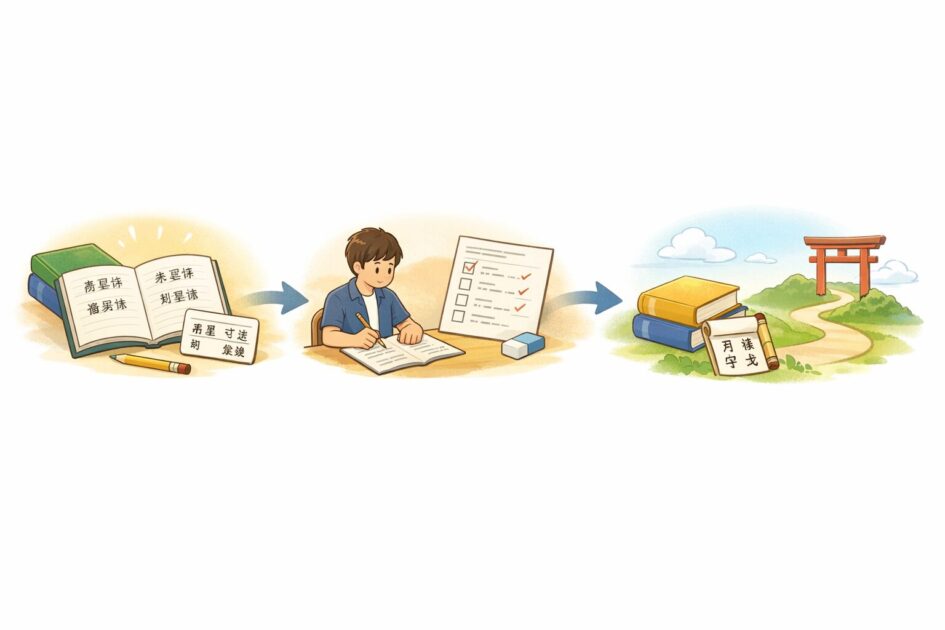 高校漢文の学習を頻出フレーズ確認から応用問題と次の勉強へ進める流れを示した図