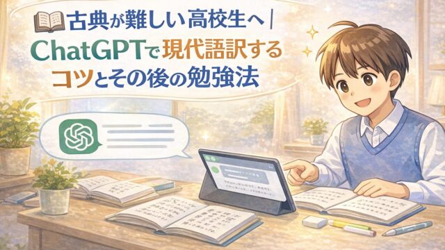 ChatGPTを使って古典の現代語訳を学ぶ高校生を描いたアイキャッチ