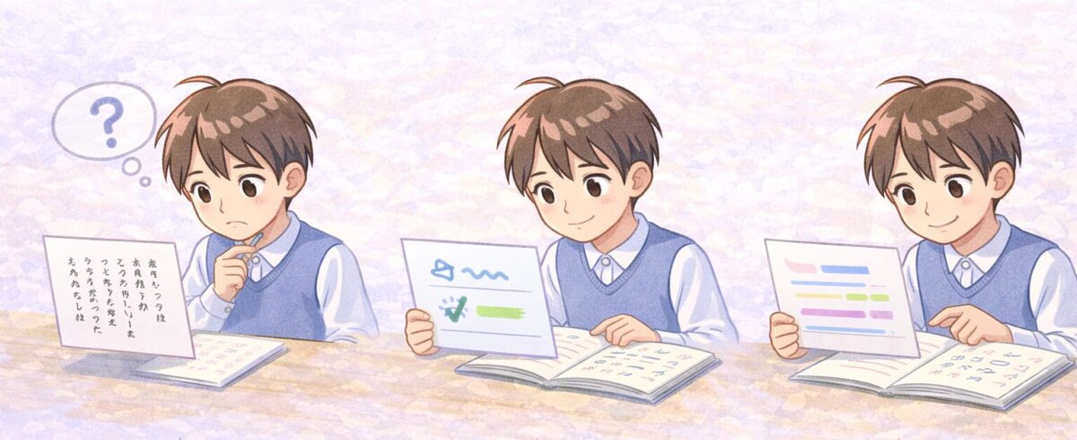 古典の例題に対して自分で考えてから答えと解説を開く練習の流れを示した図