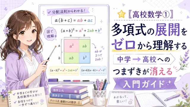 もこあい先生が多項式の展開を分配法則と面積図でゼロから説明しているアイキャッチ
