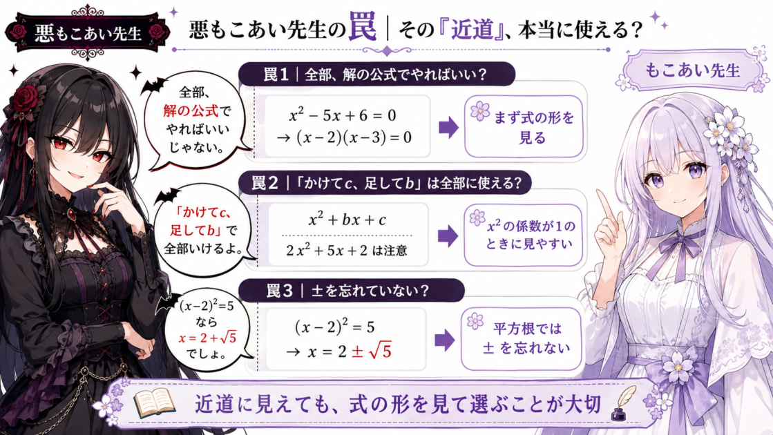 二次方程式の解き方で起こりやすい3つの誤解を、悪もこあい先生ともこあい先生の対比で示した図
