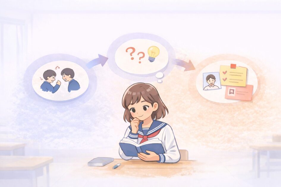 気になった場面から理由と自分とのつながりへ考えを広げる感想文の流れを示した挿絵