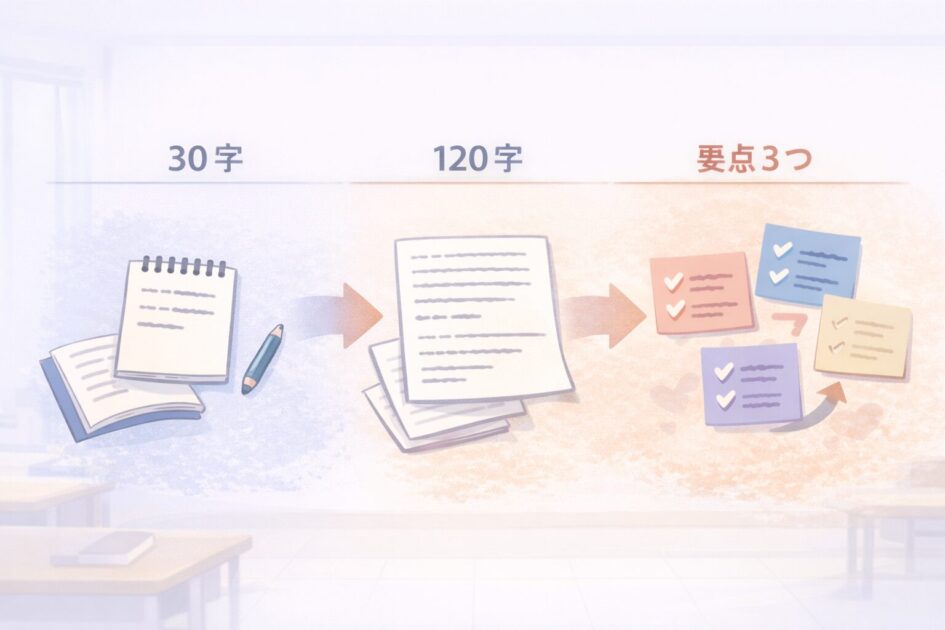 要約の練習を30字から120字そして要点3つへ進める流れを示した挿絵