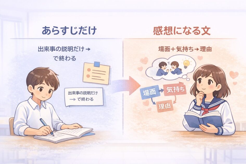 あらすじだけの文と感想が入った文の違いを比較し感想文の理解を助ける挿絵