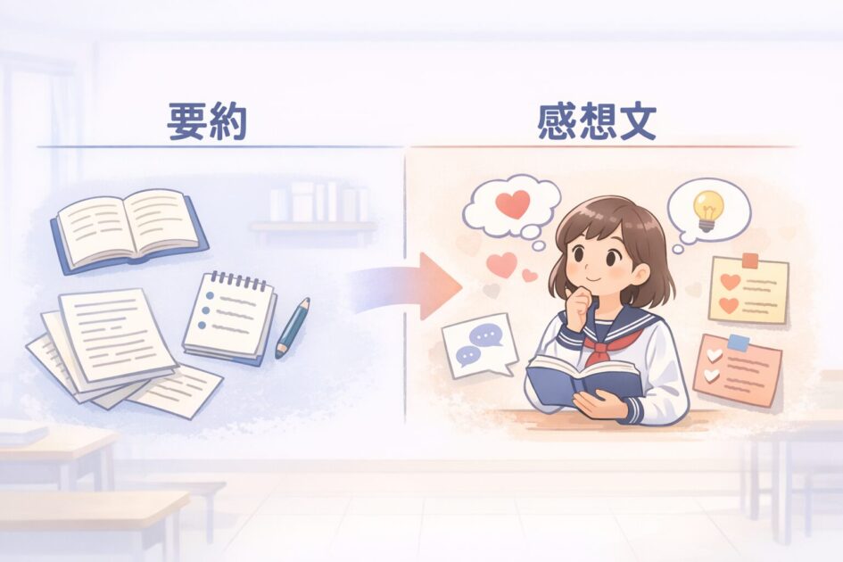 要約と感想文の違いを左右で比較し国語の読解練習の理解を助ける挿絵