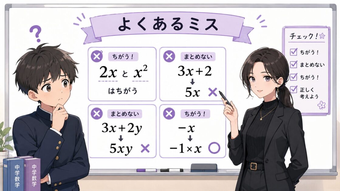 2xとx²の違い、3x+2を5xにしないなど文字式のよくあるミスを比較した図