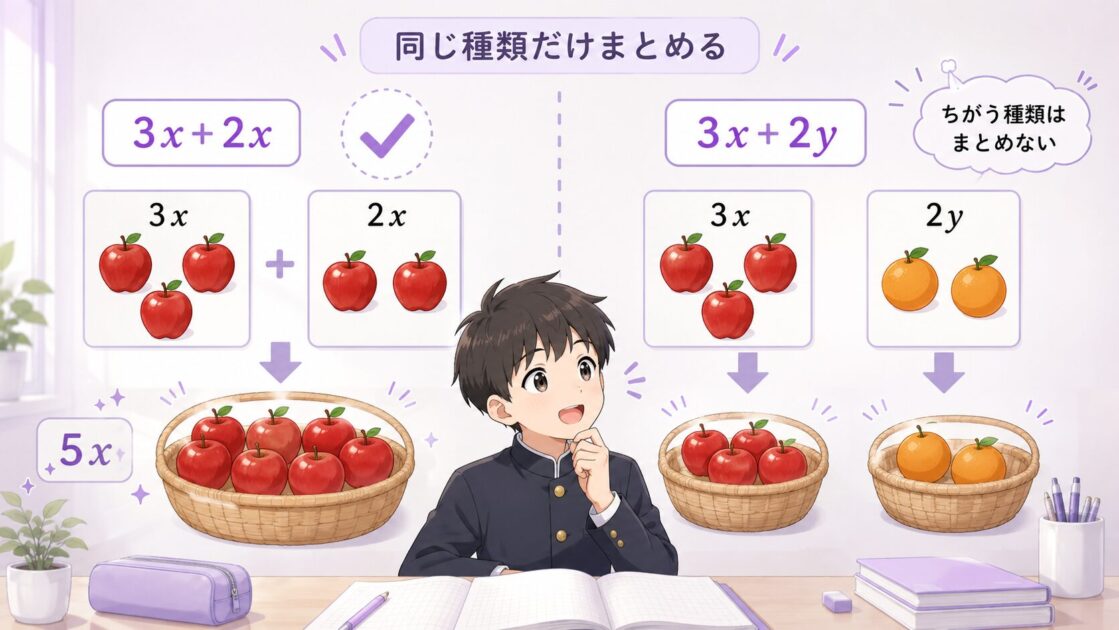 3x+2xはまとめられるが3x+2や3x+2yはまとめられないことをりんごとみかんで示した同類項の図