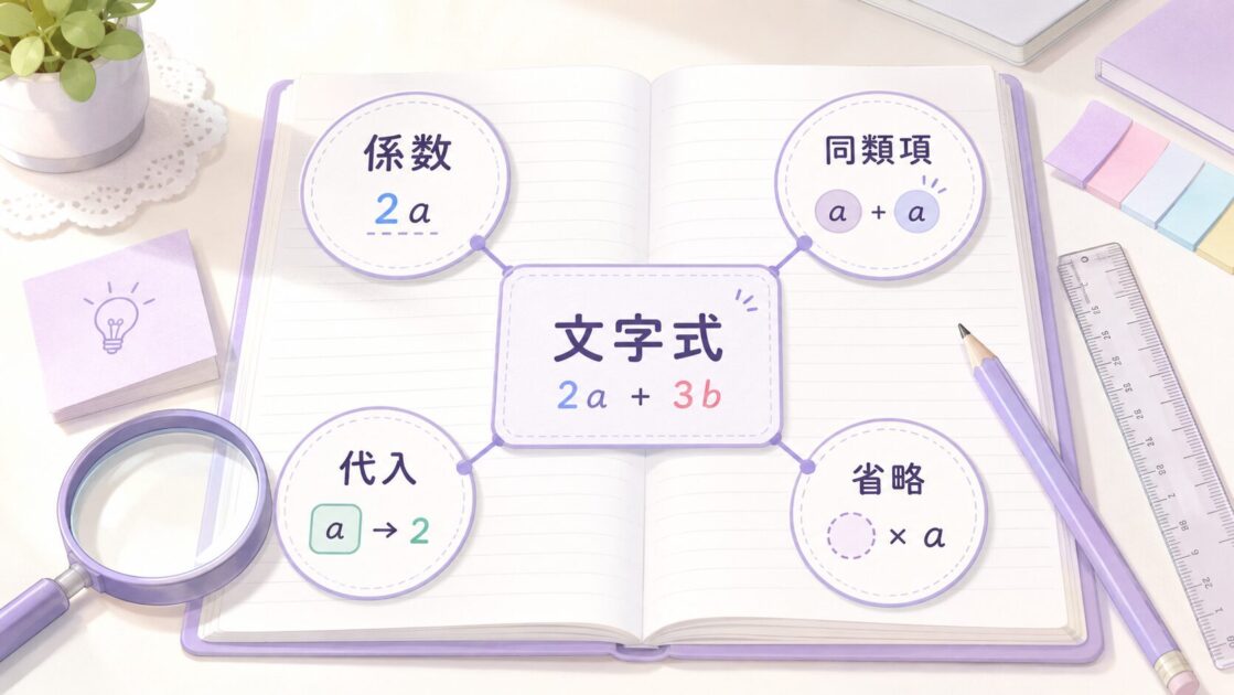 文字式・係数・同類項・代入など中1文字式で使う用語を整理したミニ辞書図