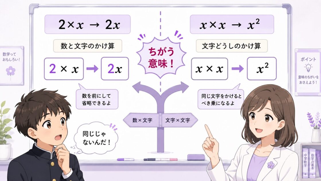 2×xを2xと書くかけ算の省略ルールと2xとx²の違いを示した図