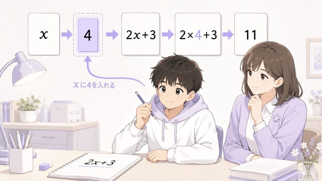 xに数を代入して文字式の値を確認する流れを示した図