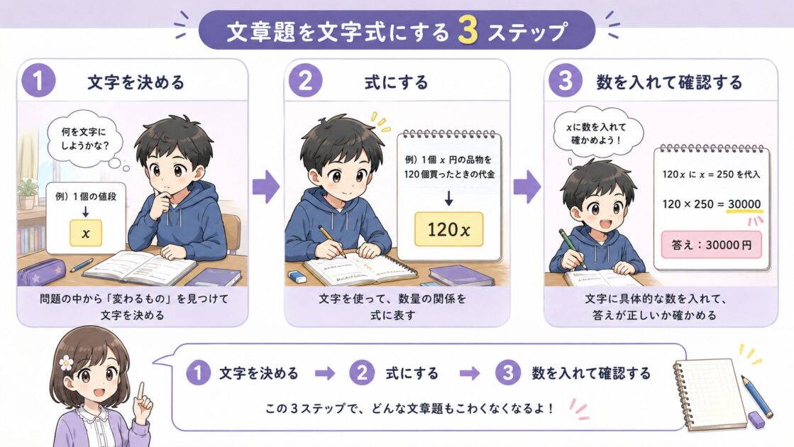 文章題を文字式にするための何を文字にする・式にする・数を入れて確認する3ステップ図