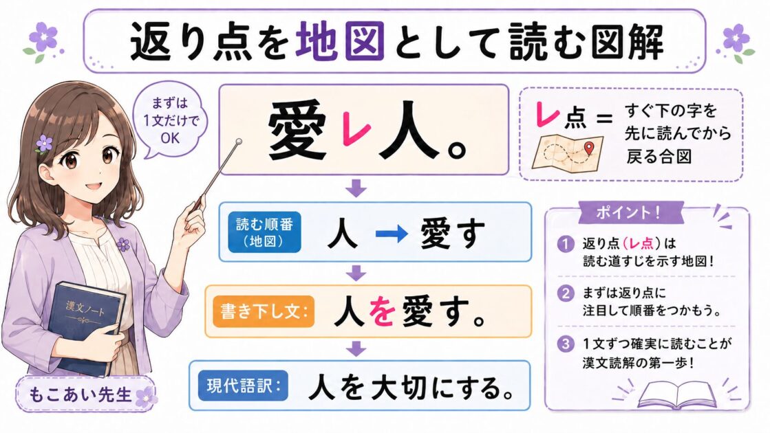 漢文の返り点レ点を地図のように読み、愛レ人を人を愛すと書き下す流れを示した図解