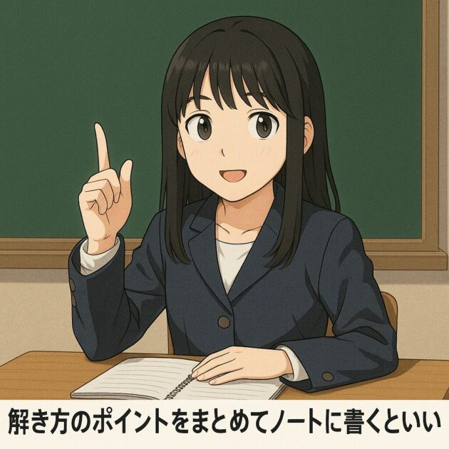 黒板の前でノートを開き、数学の解き方を整理するコツを指さしながら説明する恵子のイラスト。二次方程式の学習を助けるノート術アドバイスの場面。