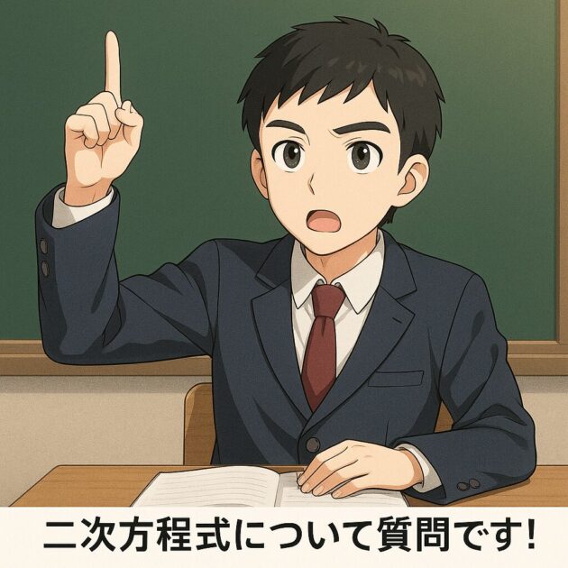 二次方程式の授業中、手を挙げて質問する健太のイラスト。黒板には ax²+bx+c=0 の式があり、真剣な表情で理解を深めようとしている様子を描いた学習シーン。