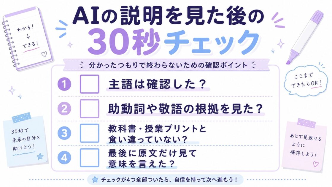 古文でAIの説明を見た後に主語、文法、教科書との照合、原文への戻りを確認するチェックシート