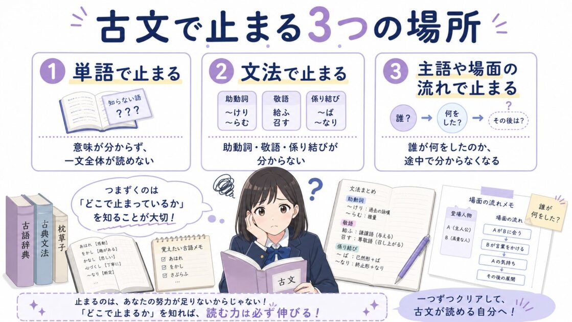 古文で単語、文法、主語や場面の流れに分けてつまずくポイントを整理した高校生向け図解