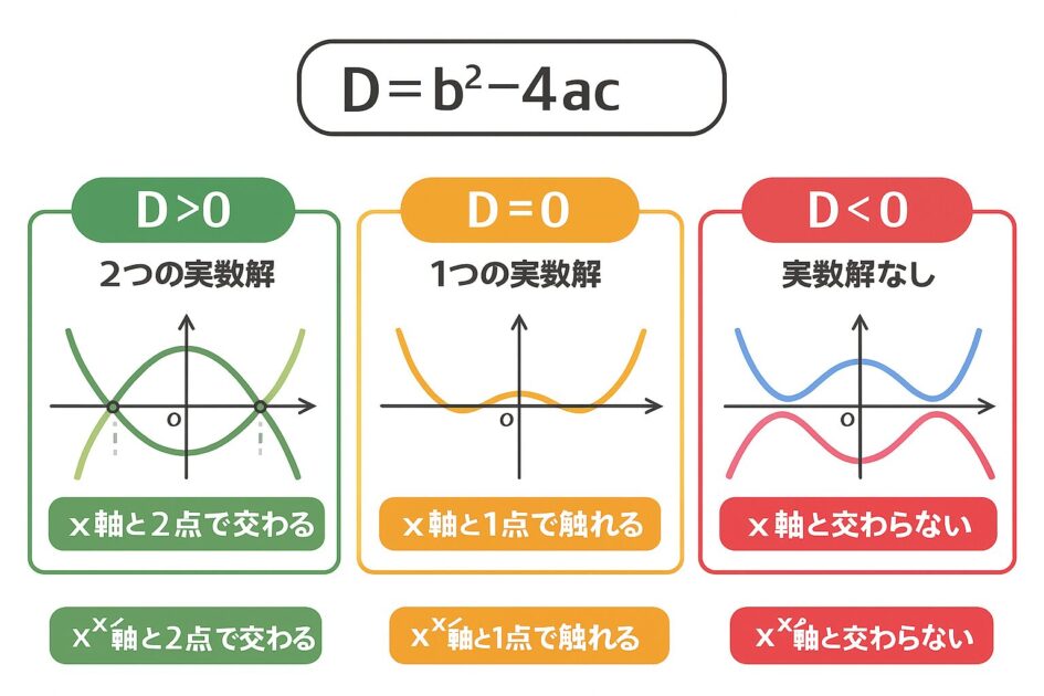 判別式 D = b² − 4ac の値によって、二次関数のグラフが「2つの実数解・1つの実数解・実数解なし」の3パターンに分かれることを示した図で、放物線とx軸の交わり方を比較できる視覚的解説。