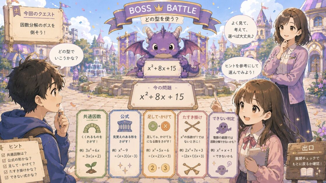 因数分解のボス戦でどの型を使うか選びながら問題に挑む場面