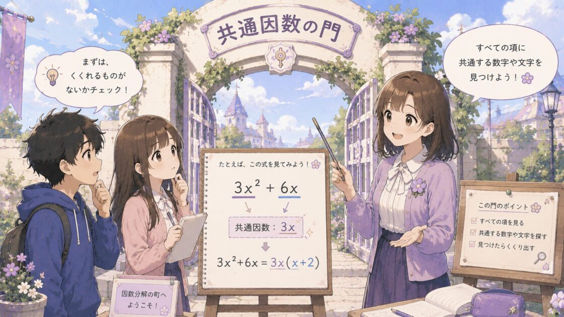 共通因数の門で式に共通する数字や文字を探す場面