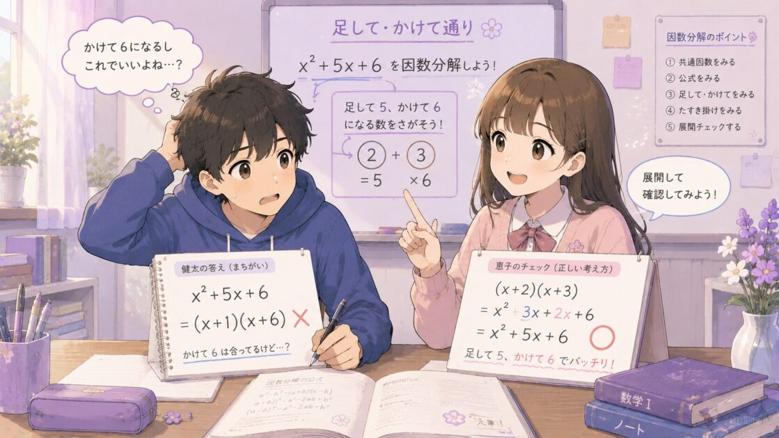 健太が因数分解の答えを間違え、恵子が展開チェックで直している場面