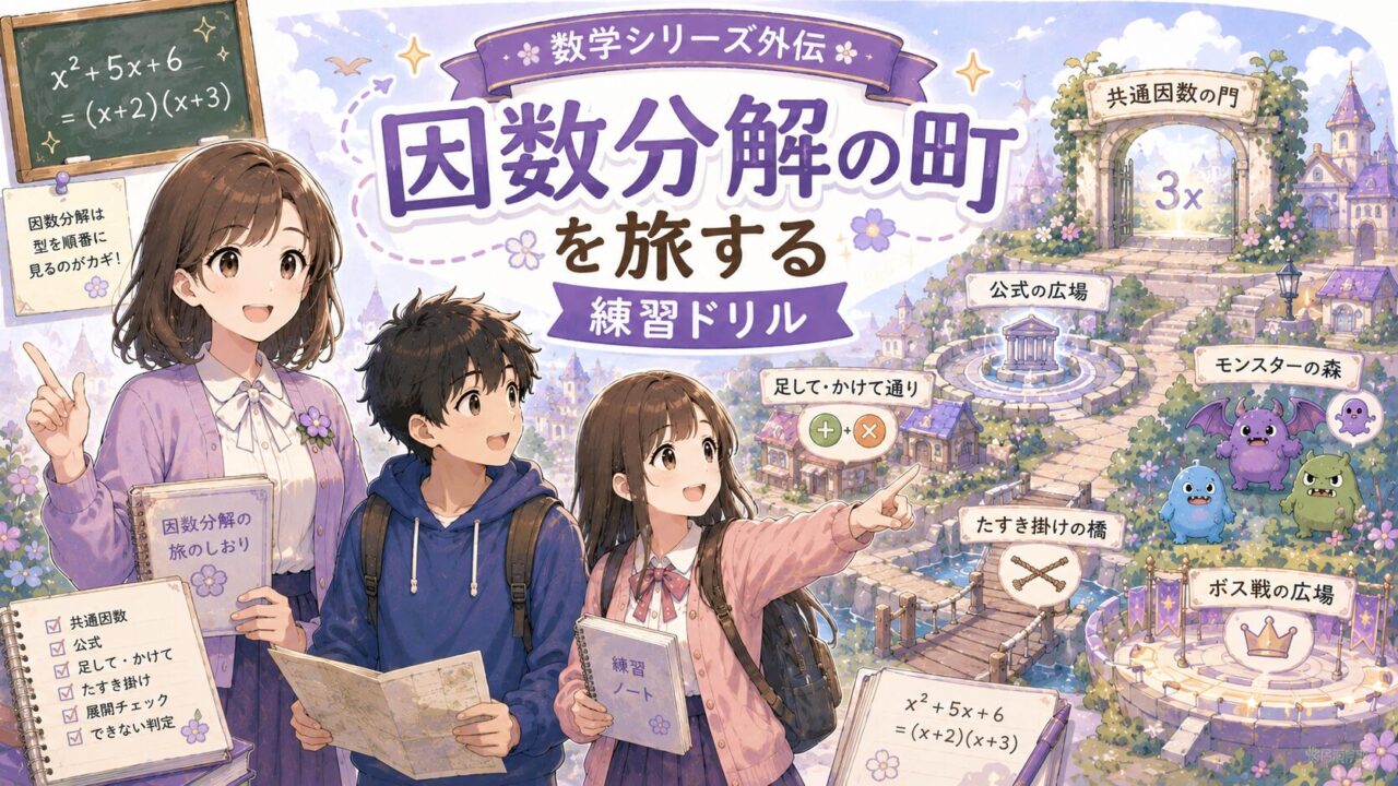 因数分解の町を旅しながら、共通因数・公式・たすき掛け・展開チェックを練習する高校数学ドリル
