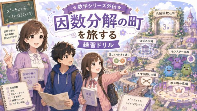因数分解の町を旅しながら、共通因数・公式・たすき掛け・展開チェックを練習する高校数学ドリル