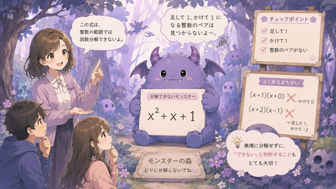 整数の範囲では因数分解できない式をモンスターとして表した学習用イラスト