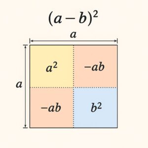 (a−b)² を大きな正方形の4領域（a²、−ab、−ab、b²）で示し、多項式の展開 a²−2ab＋b² を面積として視覚化した教材用図。引き算のときの「−2ab」が生まれる理由が直感的にわかる構造を示す。