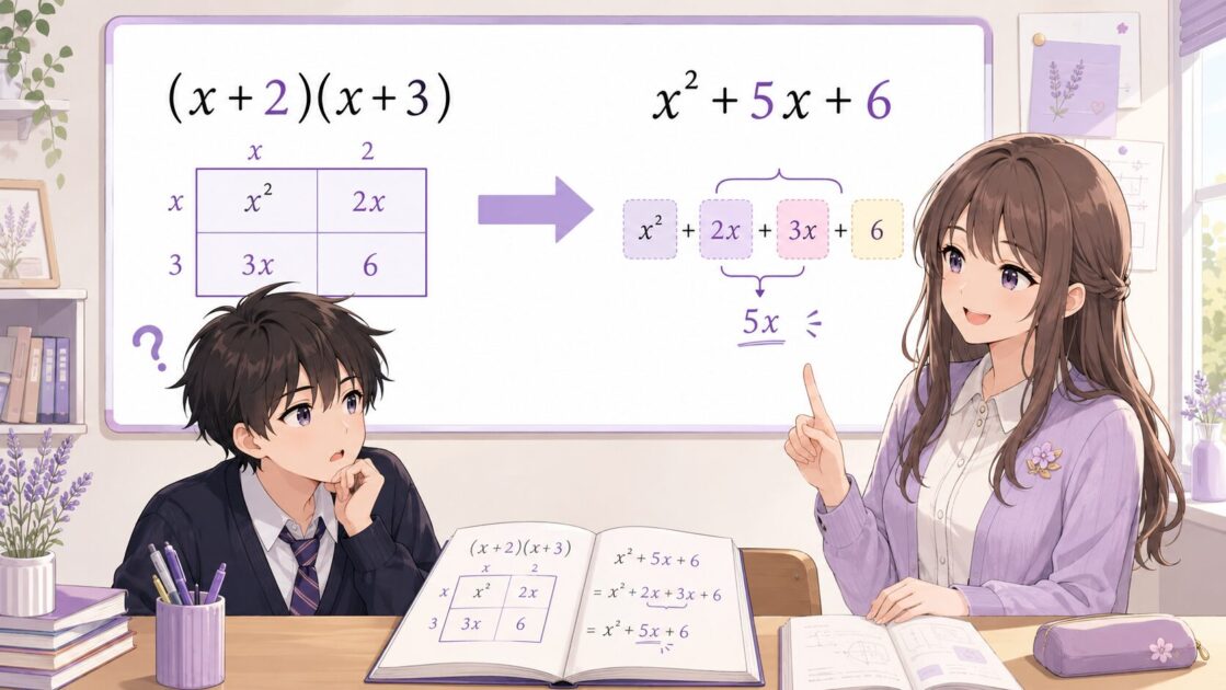 多項式の展開がかけ算の形を足し算の形に広げる操作であることを示す挿絵