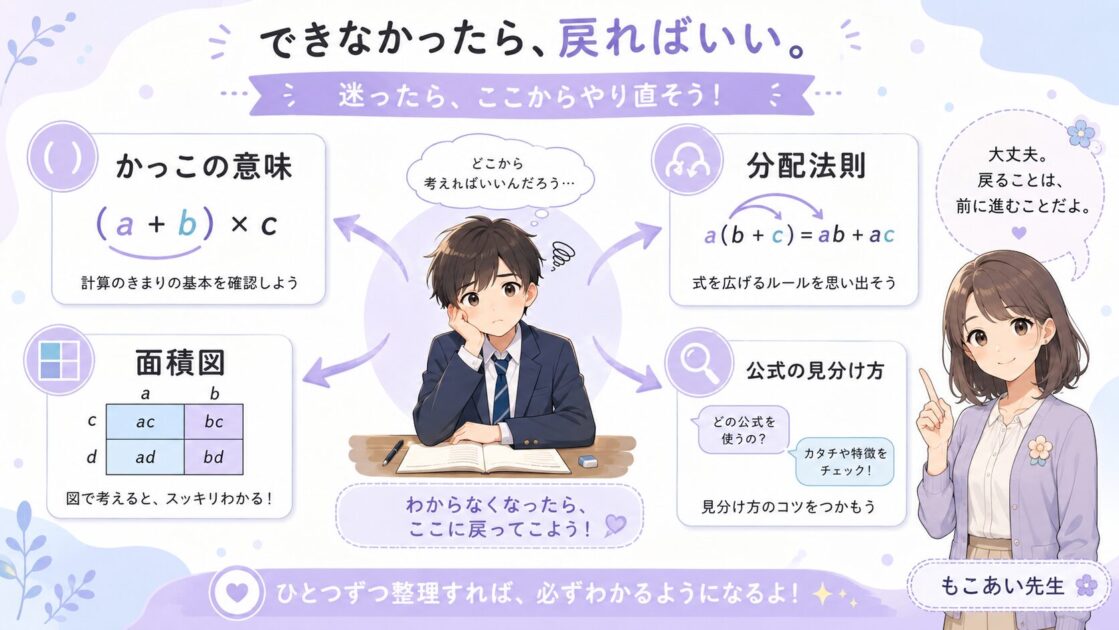 多項式の展開で分からなくなったときに戻る場所を示す復帰導線の挿絵