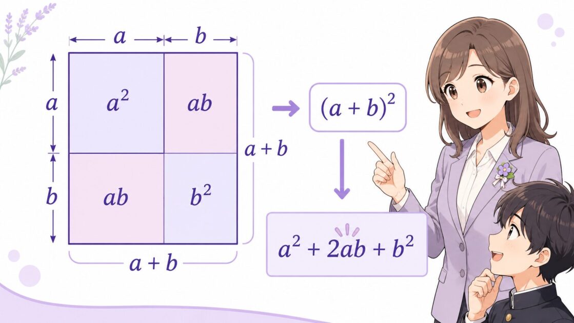 一辺がa+bの正方形を4つに分けて(a+b)²の展開公式を説明する面積図
