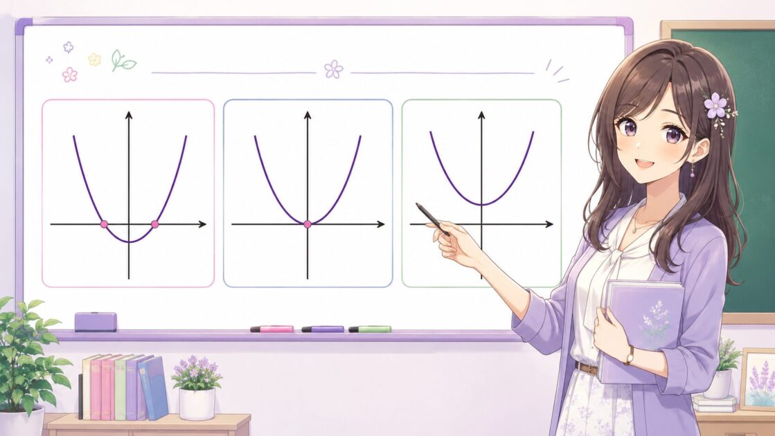 判別式Dの符号によって二次関数のグラフがx軸と2点で交わる・接する・交わらない違いを示す図解