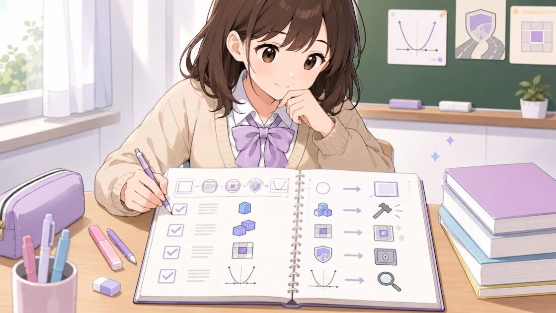 恵子が二次方程式を解く前に確認するポイントをノートに整理している挿絵
